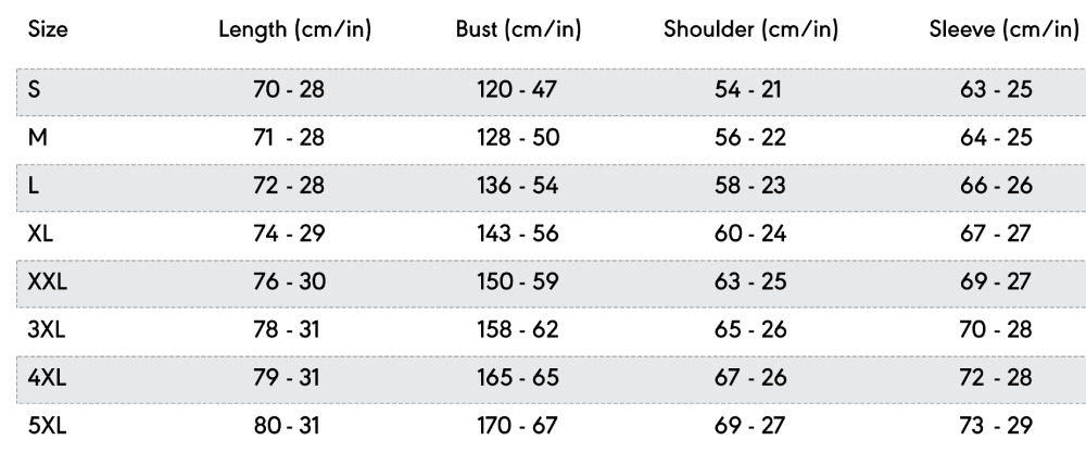 Bomber sizechart