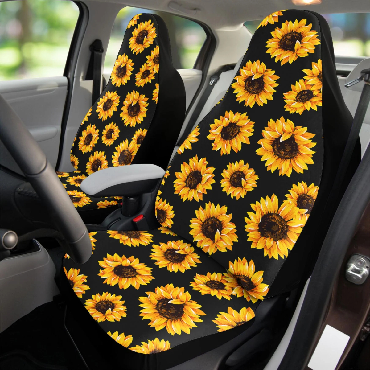 Sunflower Car Seat Covers Large Sun Flowers on Black Set of 2 Car