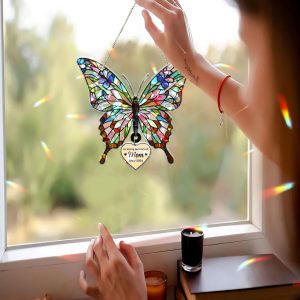 Custom Butterfly Holographic Acrylic Suncatcher with Hanging Heart Memorial Gift for Mom on Mother's Day, In Loving Memory Window Decor image 1