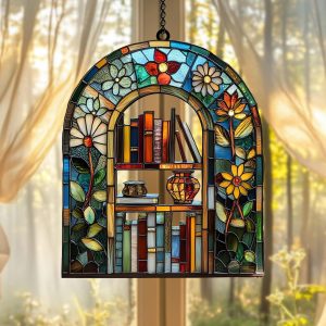 SALE 50% Library ACRYLIC SUNCATCHER Custom Name Bookshelf Window Hanging For Book Lover Gift Bookish Gift Librarian Bookshelf Teacher Gift image 1