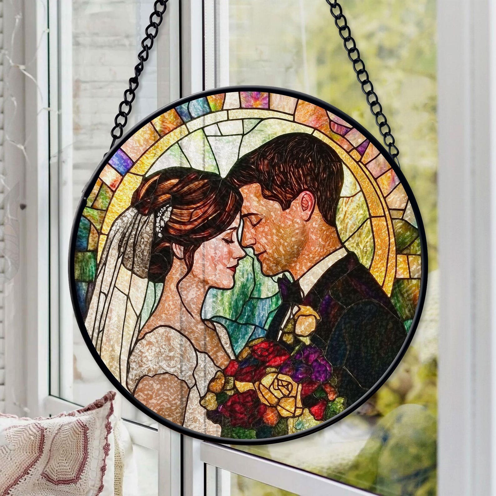 12 stained glass decor, memorial keepsake, window hangings, suncatcher decor, portrait from photo, wedding anniversary, engagement gifts, photo keepsake, Wedding suncatcher, gift for parents, anniversary gift, Couple gift, valentines day gift