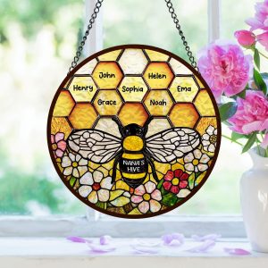 Custom Grandma's Garden Bee, Personalized Stained Glass Window Hanging Suncatcher, Custom Kids Name, Mother's Day Gift, Nana’s Blessings image 1