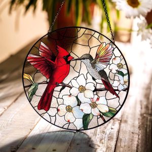 Cardinal&Hummingbird Stained Glass Suncatcher, Lovebirds Window Hangings, Birds Memorial Gift, Cardinal Lover Gift, Home decoration for mom image 1