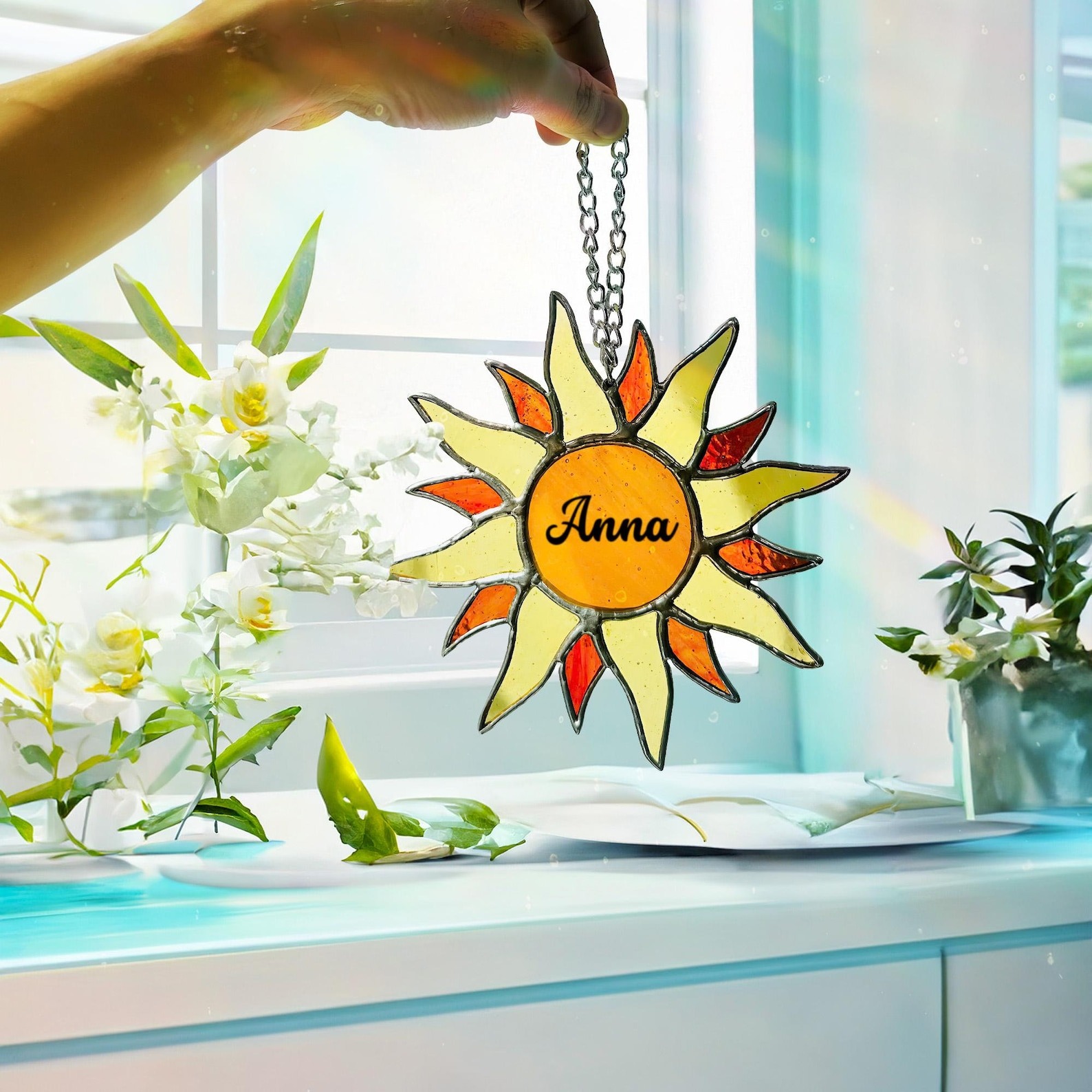 27 Sun Suncatcher stained glass gifts for mom, window hangings, flower stained glass suncatcher, mothers day gift for grandma, Birthday Gift image 1