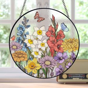 Custom Family Birth Flowers Stained Glass Suncatcher, Personalized Mom's Garden Gift, Birth Month Flower Glass Art Gift, Mother's Day Gift image 1