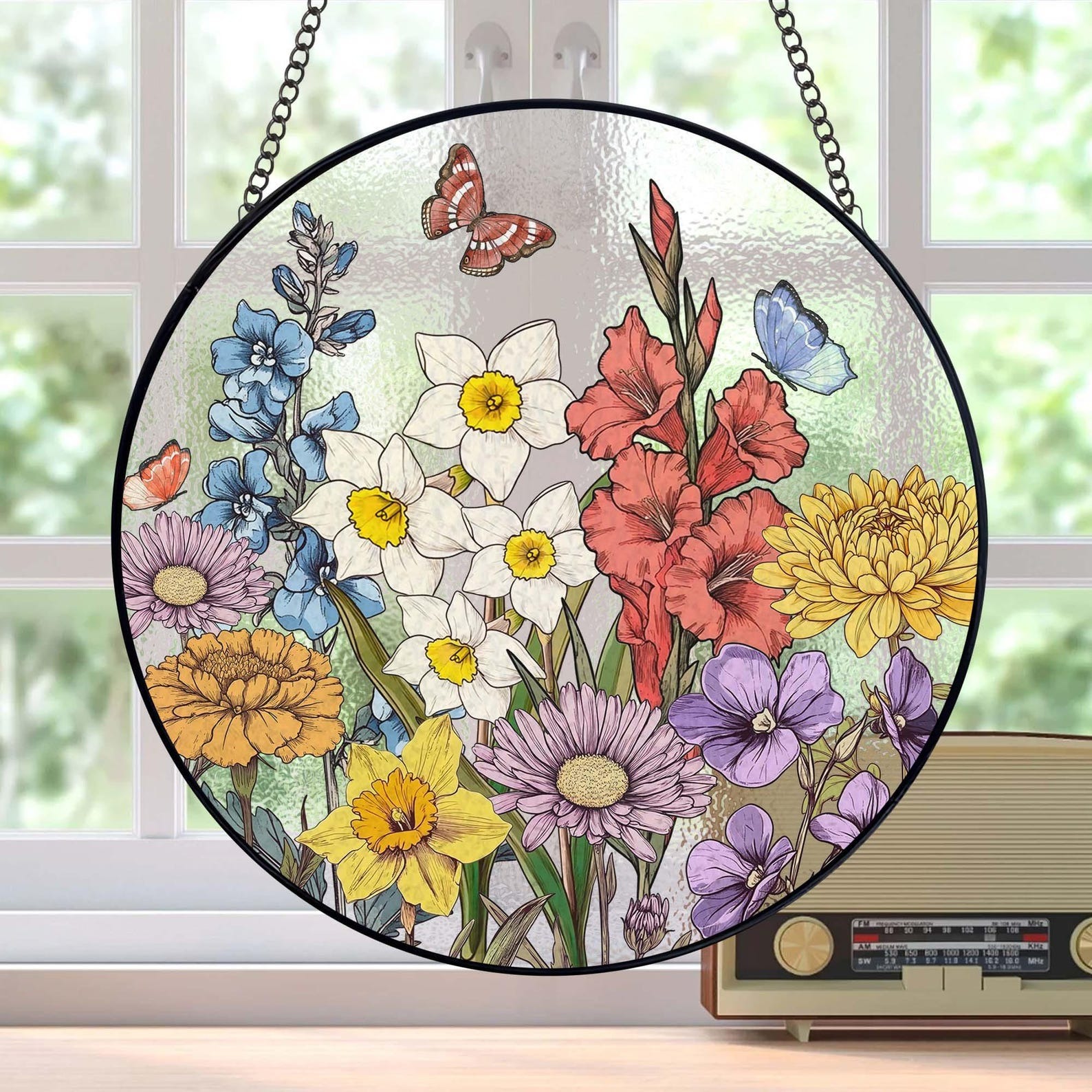 29 Custom Family Birth Flowers Stained Glass Suncatcher, Personalized Mom's Garden Gift, Birth Month Flower Glass Art Gift, Mother's Day Gift image 1
