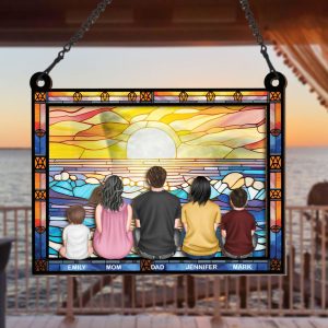 Custom Family Name suncatcher Ornament| Children Sitting On The Moon Suncatcher| Window Hanging Decor, Gift idea for Family, Friend, College image 1