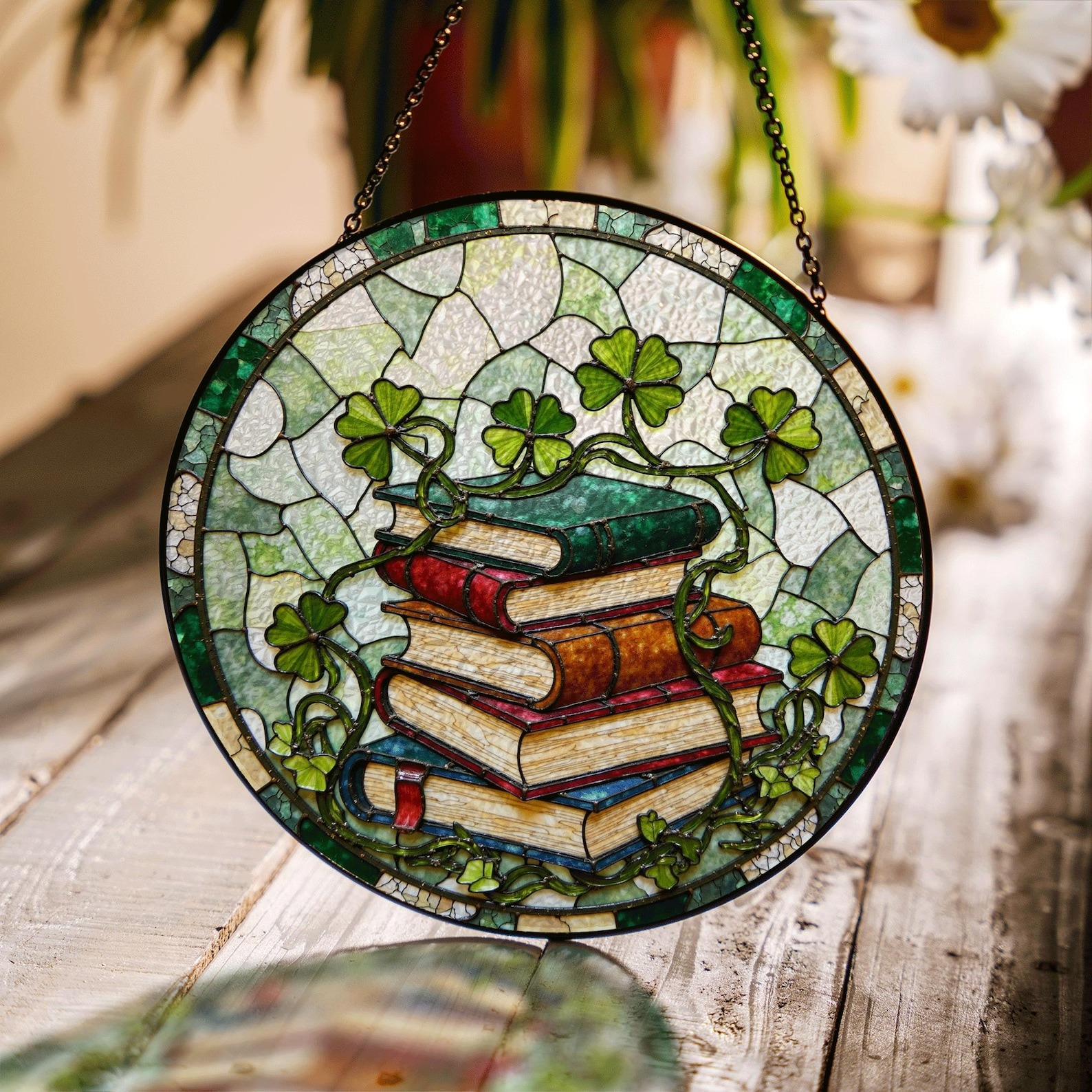 31 a stained glass window with a stack of books on it