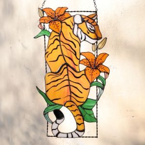 Suncatcher Tiger and Lily flowers Stained glass window panel Hanging home decor Glass wall art Gifts for friend Mother’s Gift image 1