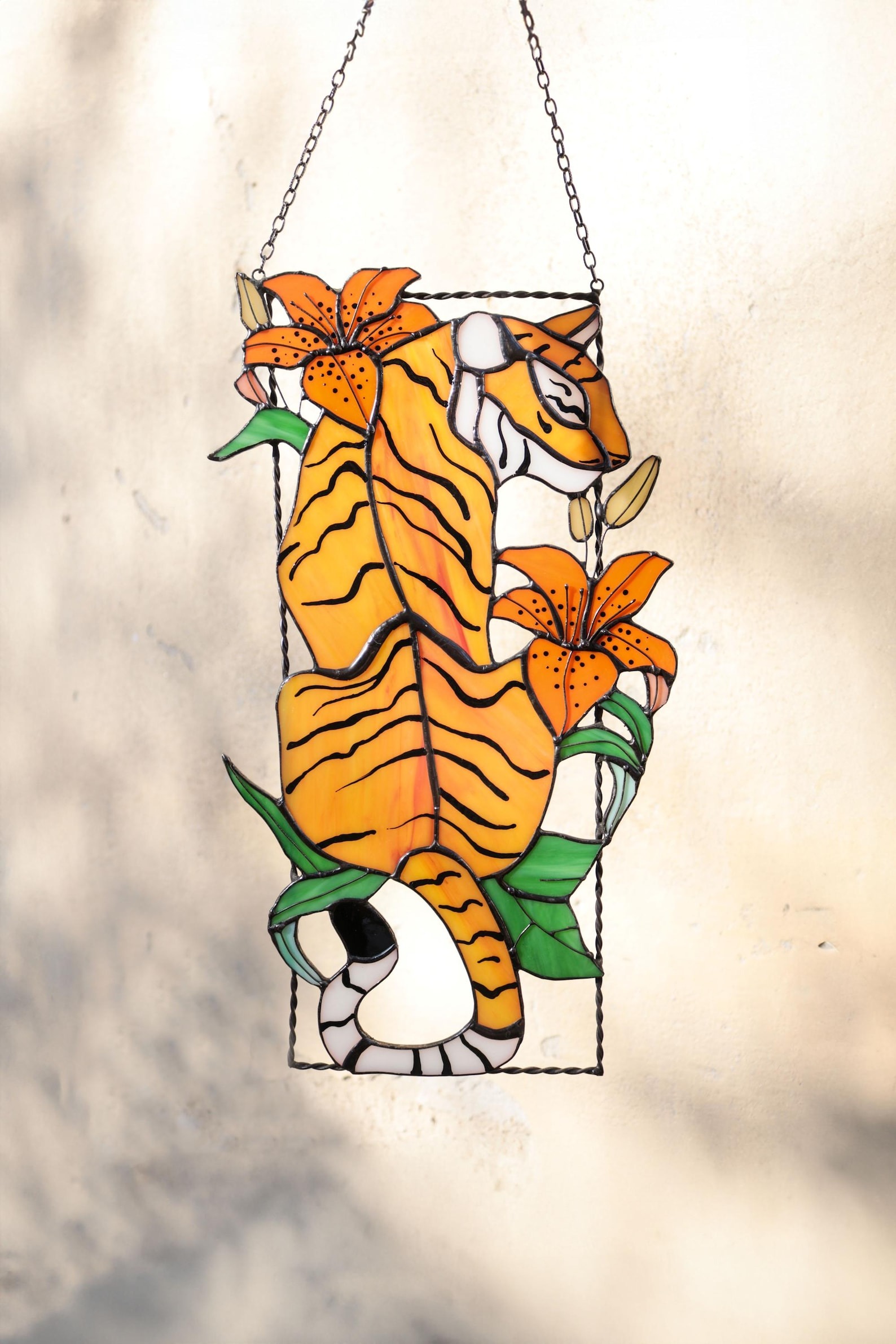 34 Suncatcher Tiger and Lily flowers Stained glass window panel Hanging home decor Glass wall art Gifts for friend Mother’s Gift image 1