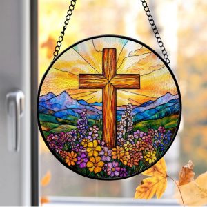 Stained Glass Cross Wildflower Suncatcher, Christian Glass Window Hanging, Religious Cross Suncatcher, Easter Suncatcher Decor,Easter Gifts #1