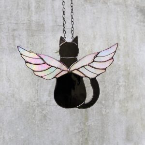 Suncatcher Cat with angels wings Stained Glass Window Hangins Glass Wall Decor Cat Art gift Custom Cat Gift idea for cat lover black cat