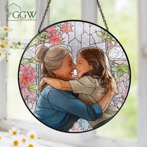 Personalized Grandma And Grandkid Stained Glass Suncatcher, Custom Photo Family Window Hanging Ornament, Birthday, Mother's Gift For Grandma image 1